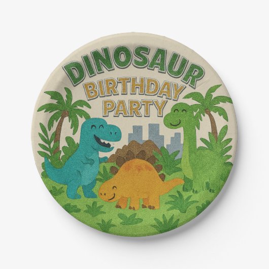 Vilttextuur Jurassic Playground Dinosaurus Verjaar Papieren Bordje (Voorkant)