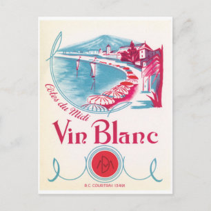 Vin Blanc White Wine Pink Blue Cream Label Briefkaart