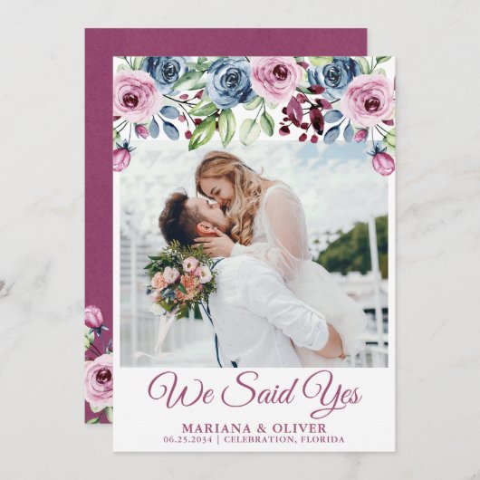 Vin bleu marine Mariage Floral Faire-part (Devant / Derrière)