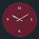 Vin Bourgogne Couleur Minimaliste Grande Horloge<br><div class="desc">L'horloge moderne présente un design minimaliste dans une palette de couleurs bordeaux aux accents blancs. Un design simple et épuré avec des chiffres blancs sur un arrière - plan de couleur vin bordeaux. Un ajout branché à votre cuisine, salon ou mur de bureau, un cadeau de bureau moderne réfléchi ou...</div>