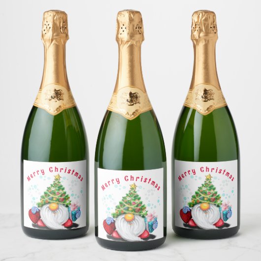 Vin de Noël étincelant Étiquette Gnome avec cadeau (Bouteilles)