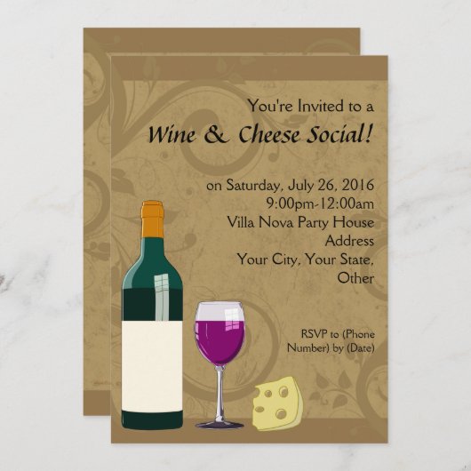 Vin & Fromage Social Party Flat Invitations (Devant / Derrière)