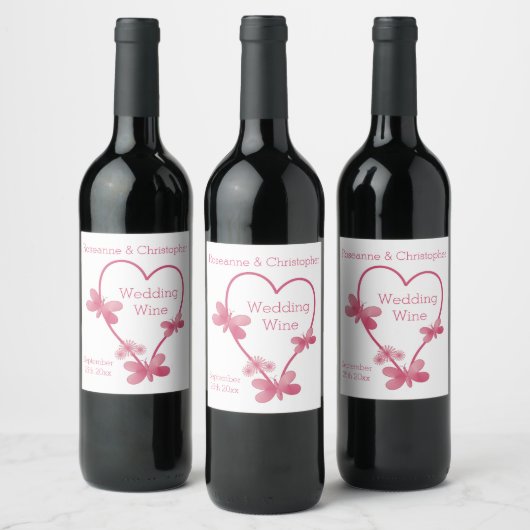 Vin mariage Étiquette Coeur Rose Et Papillons (Bouteilles)