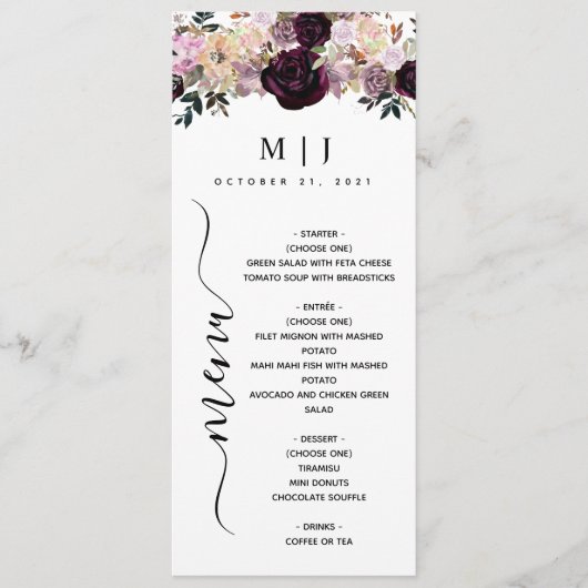 Vin Plum Mauve Automne Floral Menu Mariage (Devant)
