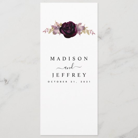 Vin Plum Mauve Automne Floral Menu Mariage (Dos)