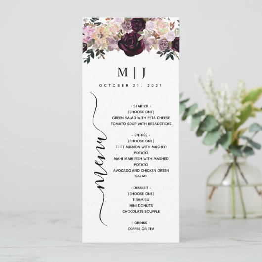 Vin Plum Mauve Automne Floral Menu Mariage (Debout devant)