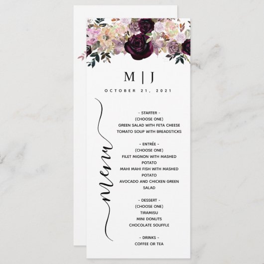 Vin Plum Mauve Automne Floral Menu Mariage (Devant / Derrière)
