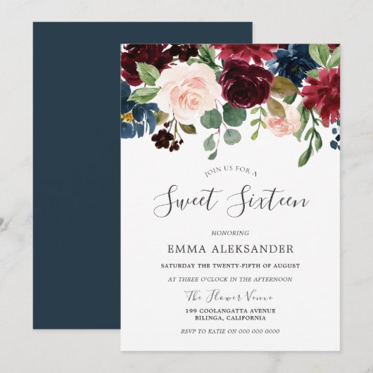Vin rouge Bourgogne Floral Sweet 16 Invitation (Devant / Derrière)