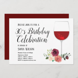 vin rouge, floral, invitation à la fête d'annivers