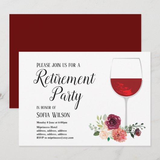 vin rouge, floral, invitation à la retraite (Devant / Derrière)