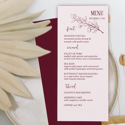 Vin rouge Simple Boho Floral Menu Mariage