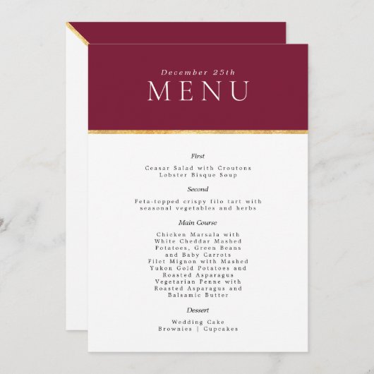 Vin Stylish Gold foil Mariage moderne Menu (Devant / Derrière)