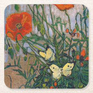 Vincent van Gogh - Butterflies en Poppies Vierkante Kartonnen Onderzetter