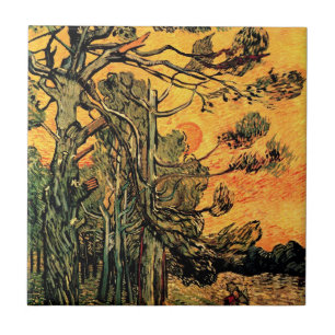Vincent Van Gogh - Dennenbomen tegen een rode luch Tegeltje