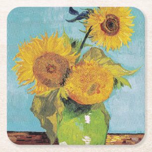 Vincent Van Gogh - Drie zonnebloemen in een vaas Vierkante Kartonnen Onderzetter