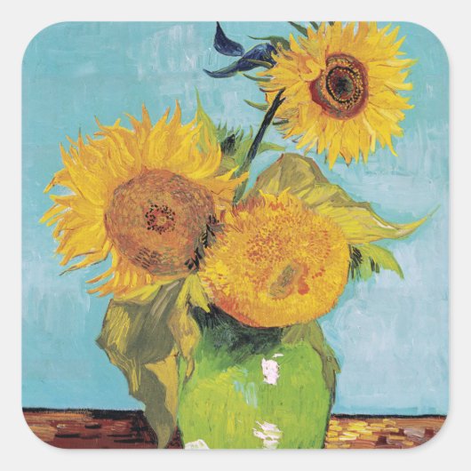 Vincent Van Gogh - Drie zonnebloemen in een Vase Vierkante Sticker (Voorkant)