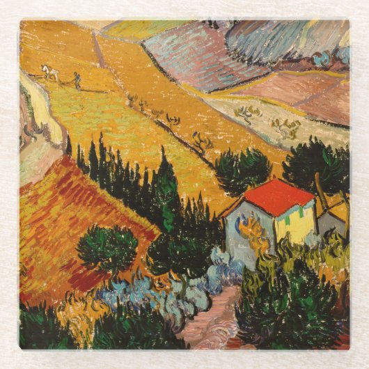 Vincent van Gogh - Landschap, Huis en ploegenman Glazen Onderzetter (Voorkant)