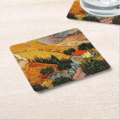 Vincent van Gogh - Landschap, Huis en ploegenman Vierkante Kartonnen Onderzetter (Schuin)