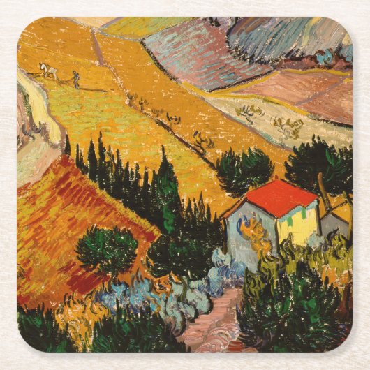 Vincent van Gogh - Landschap, Huis en ploegenman Vierkante Kartonnen Onderzetter (Voorkant)
