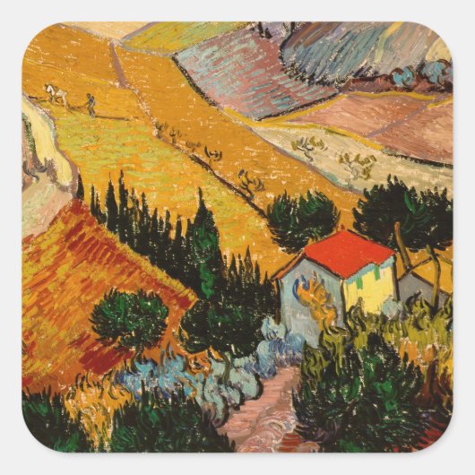 Vincent van Gogh - Landschap, Huis en ploegenman Vierkante Sticker (Voorkant)