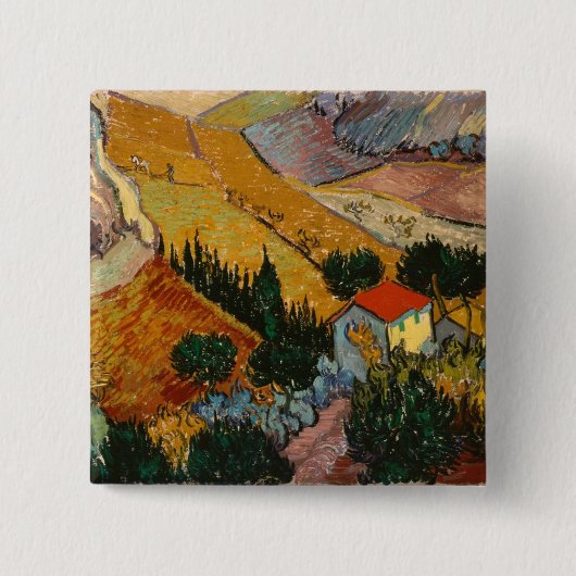 Vincent van Gogh | Landschap met House & Plowman Vierkante Button 5,1 Cm (Voorkant)