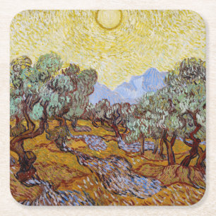 Vincent van Gogh - Olive Trees, Yellow Sky en Sun Vierkante Kartonnen Onderzetter