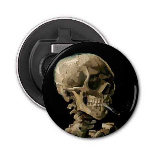 Vincent van Gogh - Skull met Burning Cigarette Button Flesopener (Voorkant)