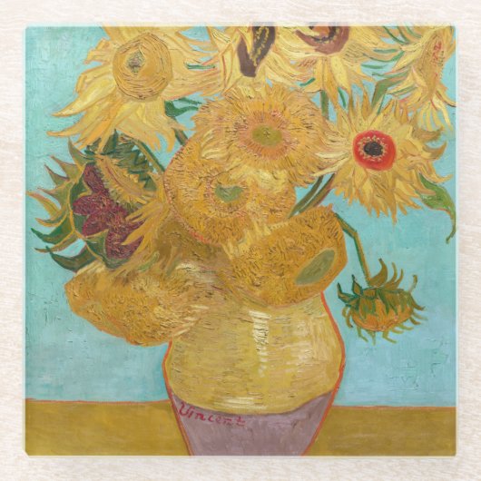 Vincent Van Gogh - Vase met twaalf zonnebloemen Glazen Onderzetter (Voorkant)