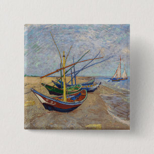 Vincent van Gogh - Vist Boats op het strand Vierkante Button 5,1 Cm