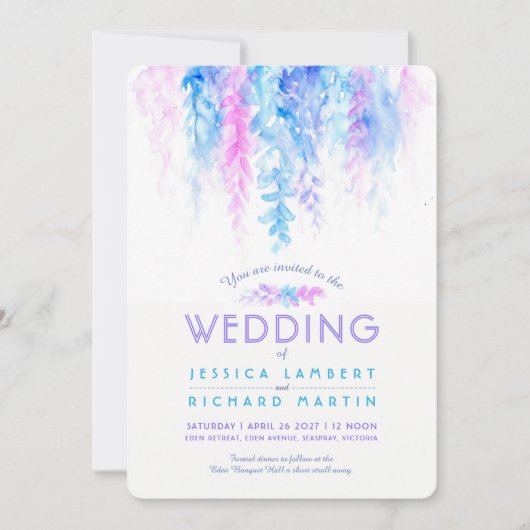 Vine d'aquarelle bleu violet invitations de mariag (Devant)