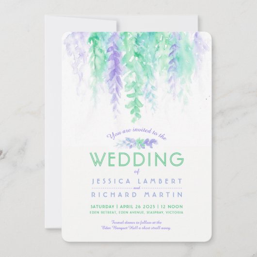 Vine d'aquarelle vert violet invitations de mariag (Devant)