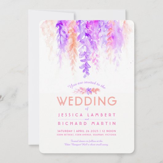Vine d'aquarelle violet orange invitations de mari (Devant)