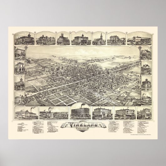 Vineland, NJ Panoramic Map - 1885 Poster (Voorkant)