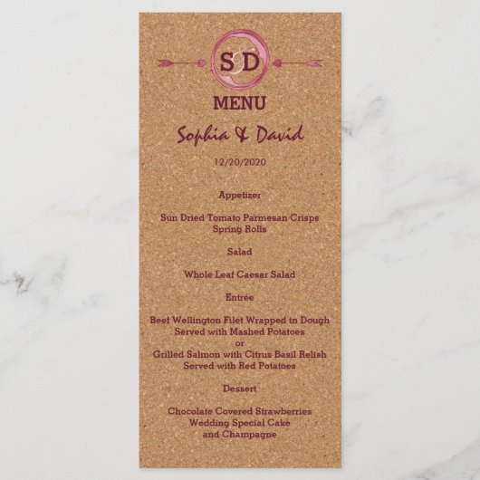 Vineyard Cork Stains Red Wine Wedding Menu (Voorkant)