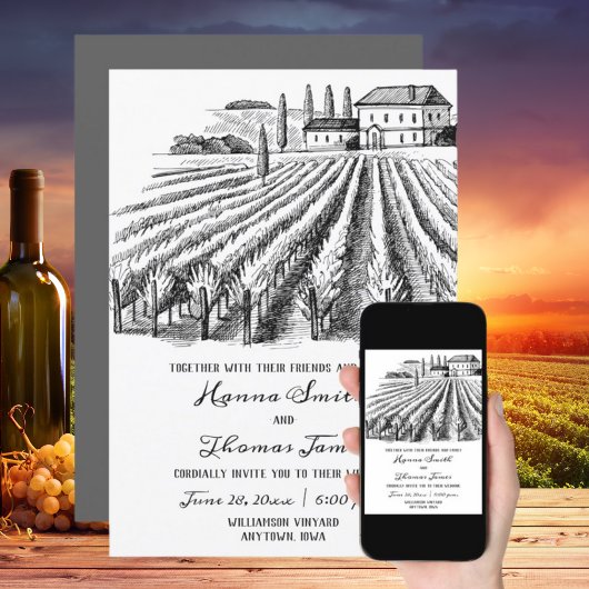 Vineyard Winery Rustic Sketch Wedding Kaart