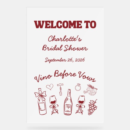 Vino Before Vows Bruidsshower Bordeaux Acryl Bord (Voorkant)
