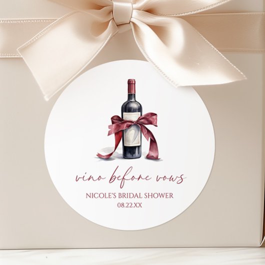 Vino Before Vows Rode Wijnfles Boog Bruidsfeest Ronde Sticker