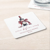 Vino Before Vows Rode Wijnfles Boog Bruidsfeest Vierkante Kartonnen Onderzetter (Schuin)