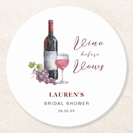 Vino voor Vows Wine Theme Vrijgezellenfeest Ronde Kartonnen Onderzetter (Voorkant)