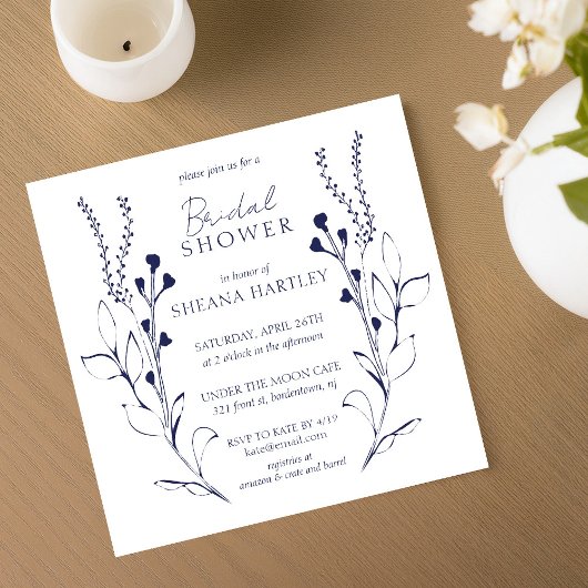 Vins et fleurs bleu foncé Invitation douche nuptia