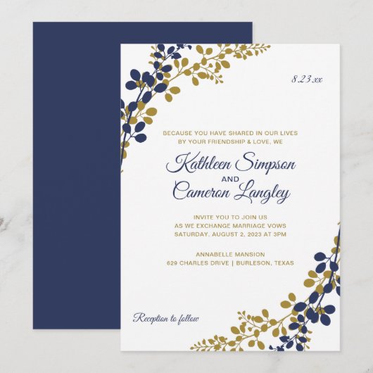 Vins exquis Faire-part de mariage | Marine & Gold (Devant / Derrière)