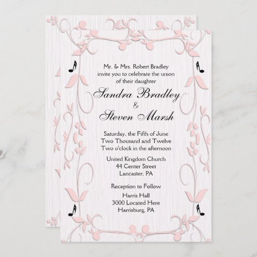 Vins roses et notes musicales Faire-part de mariag (Devant / Derrière)