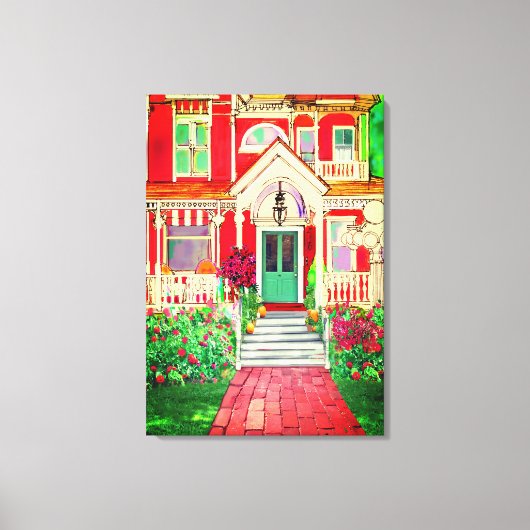 Vintae Red Victorian House Trees Flowers Canvas Afdruk (Voorkant)