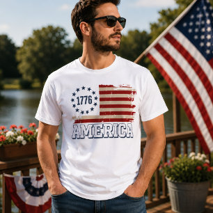 Vintage 1776 Amerikaanse Vlag met Afgewerkte Afwer T-shirt