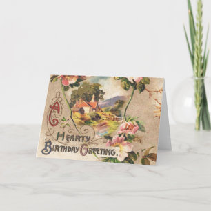 Vintage 1800s Victoriaanse verjaardags bloemrijke Kaart