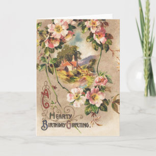 Vintage 1800s Victoriaanse verjaardags bloemrijke Kaart