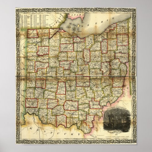 Vintage 1851 - Ohio-kaart Poster (Voorkant)