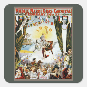 Vintage 1900 Mobile Mardi Gras Carnaval Poster Kun Vierkante Sticker
