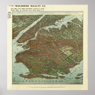 Vintage 1908 Brooklyn NY Bird's Eye Uitzicht Map Poster
