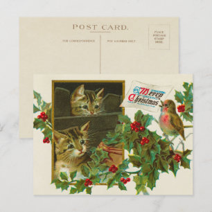 Vintage 1911 Katten met kerstfeest met vogel Feestdagenkaart